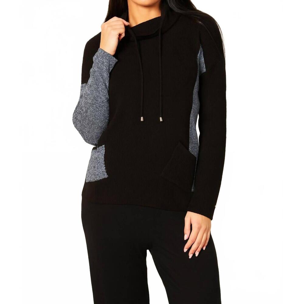 NEW FRENCH KYSS drawstring cowl neck sweater in black/denim